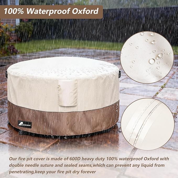 Fire Pit Cover Round 54 Inch Waterproof,Outdoor Heavy Duty Durable 600D Tear-Resistant Fire Pit Table Cover,Patio Round Firepit Cover 54" D x 24" H, Beige