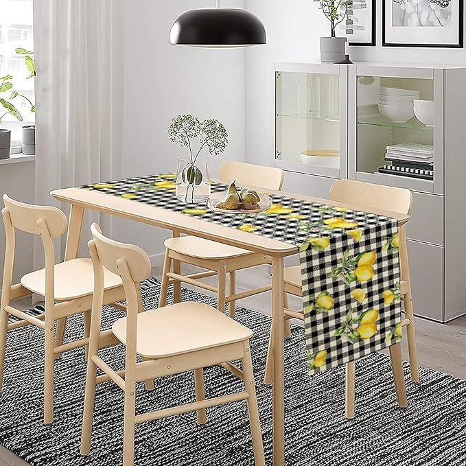 Fresh Lemon Table Runner, Yellow Lemon Black White Buffalo Check Plaid Table Runner for Farmhouse Coffee Home Kitchen Dining 13x90in
