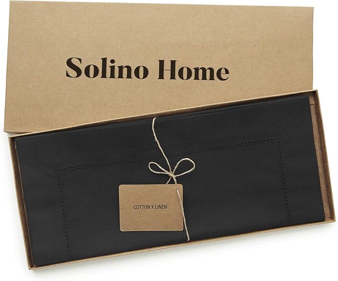 Solino Home Cotton Linen Black Table Runner 120 Inches Long - Hemstitch 14 x 120 Inch Table Runner for Winter, Spring, Easter