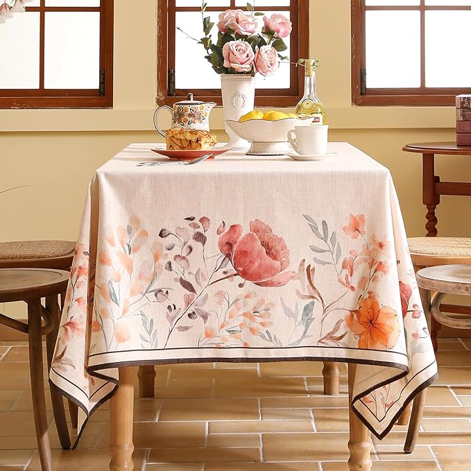 Linen Square Tablecloth,French Vintage Pink Floral Pattern Wrinkle Free Tablecloths,Decorative Table Cover for Kitchen,Dining,Thanksgiving,Christmas,Tea Party,67"*67"-Sloosa