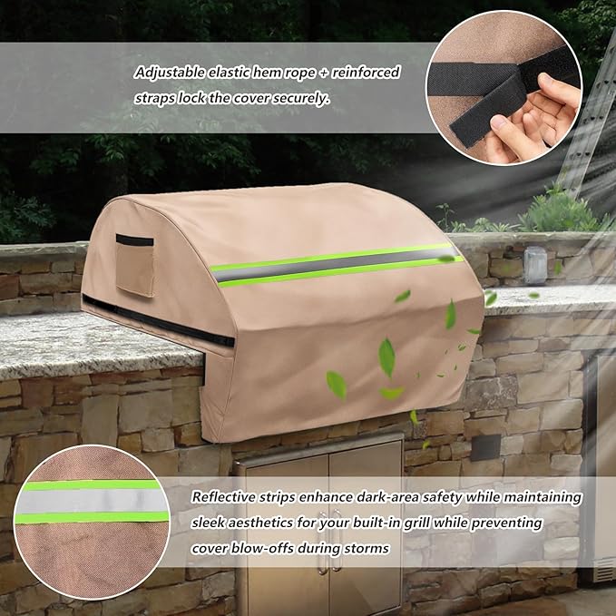 Built in Grill Cover for Bull 30-Inch grill heads - Heavy Duty 600D with Reflective Strips and Plush Lining,Protects the built in grill while enhancing its visual appeal, 25.5"L x32.5"W x22.5"H,Khaki