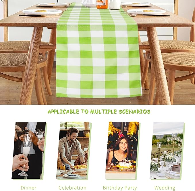 Fabric Checkered Table Runner 1 Pack Waterproof Gingham Table Runner 14W x 108L Buffalo Check Table Runners for Parties Kitchen Dining Wedding Banquet (Emerald and White)