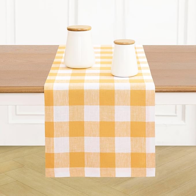 Solino Home Linen Checkered Table Runner 120 Inches Long - 100% Pure Linen Buffalo Check Mustard and White Table Runner 14 x 120 Inch Ideal for Dining, Spring, Easter
