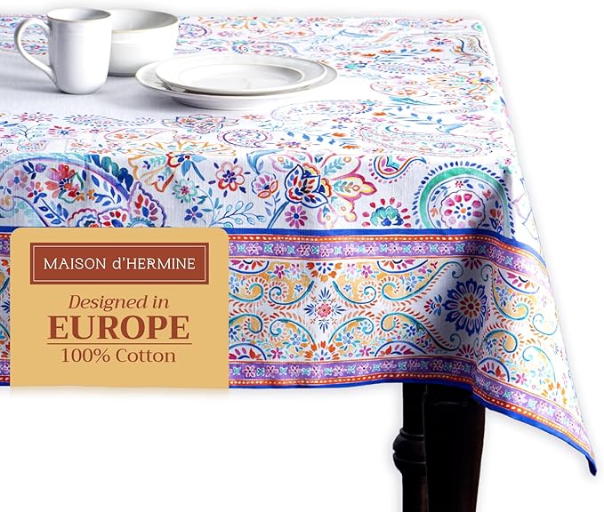 Maison d' Hermine Table Cloth Rectangle Table 100% Cotton 70 x 120 Inches Tablecloth Reusable Decorative for Dining Room, Farmhouse, Home, Party, Festive & Wedding Spring Summer - Indian Floral