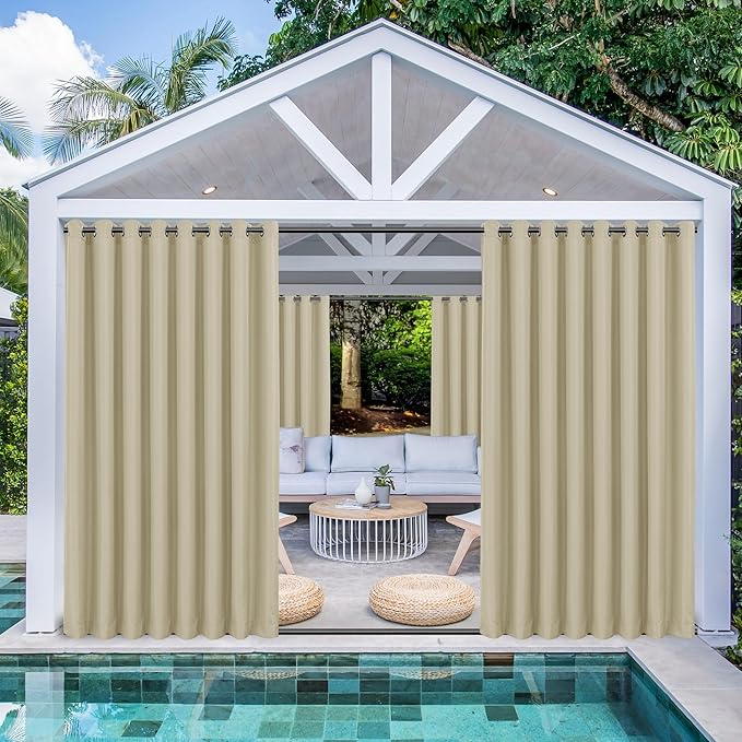 HolidayIdeas Outdoor Curtains for Patio Waterproof 4 Panels 110x84 Inch-Windproof Weatherproof Privacy Wide Cream Curtains-Grommet Top and Tab Bottom Drape for Pergola, Porch, Gazebo, Backyard