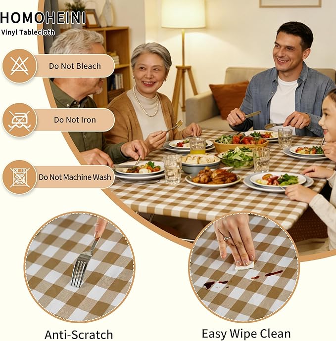 Rectangle Picnic Table Cloth, Elastic Waterproof Fitted Vinyl Tablecloths for 8 Foot Tables, Wipeable Flannel Backed Table Covers for Dining, Camping, Outdoor(Khaki Plaid,30"x96")