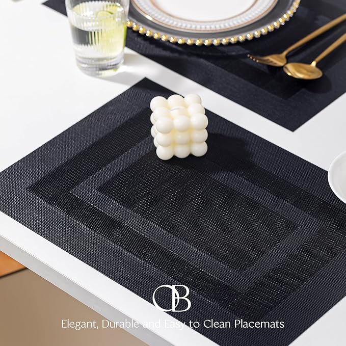 Placemats Set of 8 - Easy Clean Woven Vinyl Placemats for Dining Table, Indoor/Outdoor Place Mats, Washable PVC Table Mats（Black Cube）