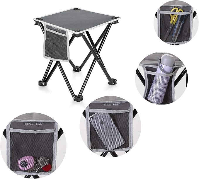Triple Tree 1 Pack Folding Camping Stool, 13.8 Inch Small Portable Lightweight Stool with Side Pocket, Foot Stool with Carry Bag for Hiking, Fishing and Beach, Hold up to 400lbs, Grey