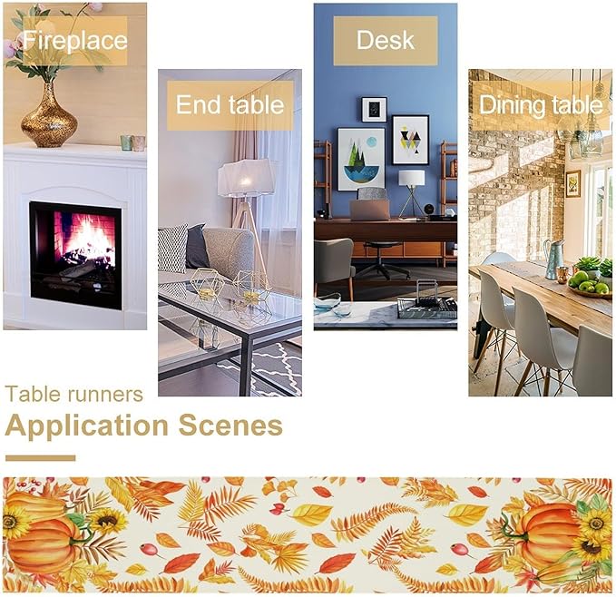 Fall Pumpkin Table Runner, Rustic Autumn Harvest Thanksgiving Sunflower Leaves Table Runner for Kitchen Dining Table Decoration Party Holiday, 13x120inch