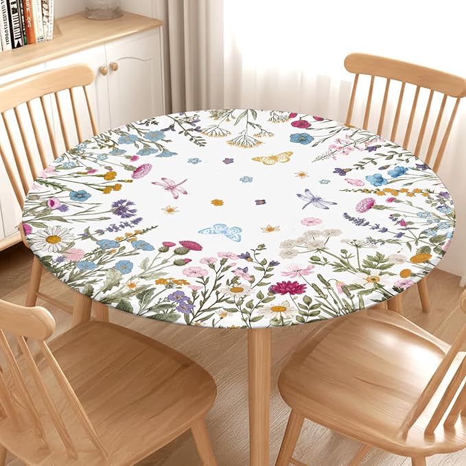 Spring Summer Floral Round Fitted Tablecloth with Elastic Wildflower Butterfly Circle Table Cloth for 48-52" Tables Wipeable Waterproof Farmhouse Easter Flowers Table Cover for Picnic Outdoor Dining