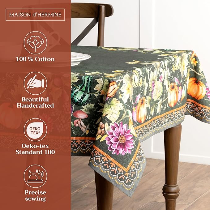 Maison d' Hermine Table Cloth Rectangle Table 100% Cotton 70 x 90 Inches Fall Tablecloth Reusable Everyday Use for Thanksgiving Christmas Decorations Dining Farmhouse (Pumpkin Garden - Dark Green)
