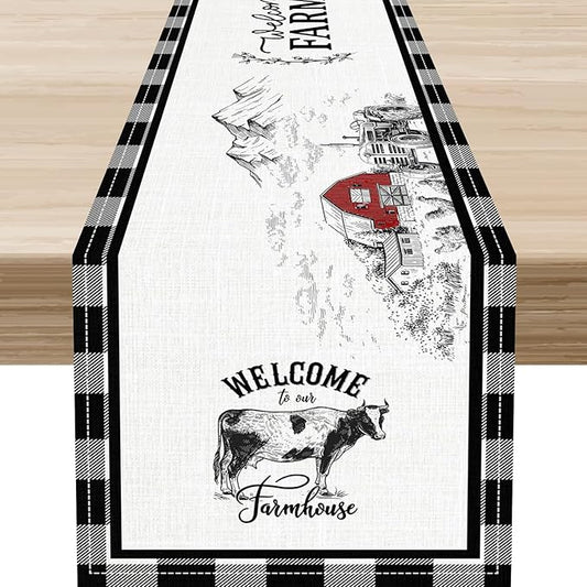 Farmhouse Table Runner, Rustic Country Barn Cottage Rooster Cow Check Animal Plank Coffee Table Center Decor for Home Kitchen Dining Patio Holiday Party Indoor Outdoor Table Decorations 13"x36"