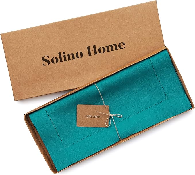 Solino Home Linen Hemstitch Table Runner 36 Inches - 100% Pure Linen Teal Table Runner 14 x 36 Inch Ideal for Dresser and Coffee Tables - Classic Hemstitch