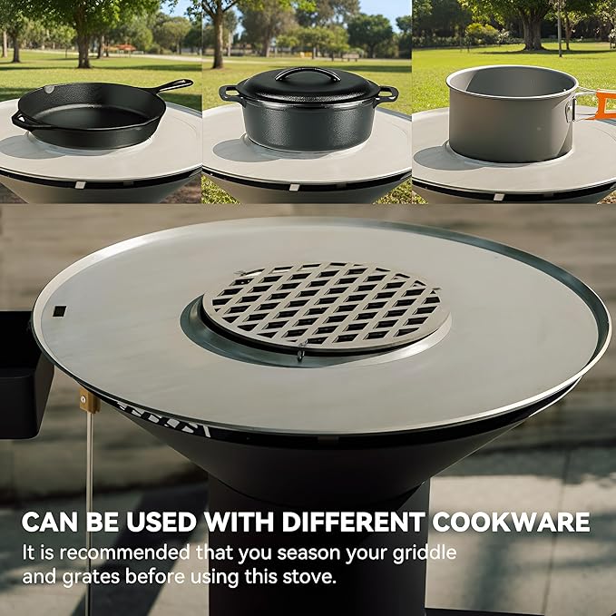 3-in-1 Rocket Stove with Griddle, Grate & Pot Rack, Large Wood BBQ Grill with Wheels, Ash Tool & Cover, Outdoor Stove for Patio Barbecue Cooking Backyard Camping RV Tailgating, GS346
