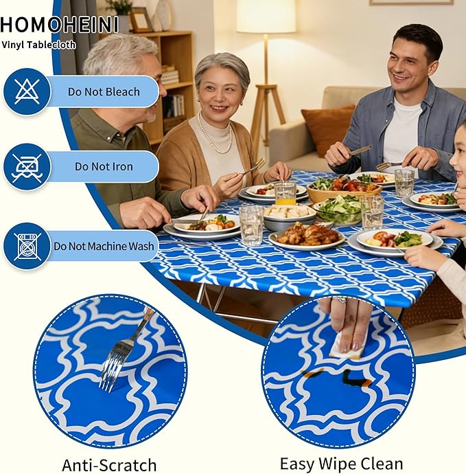 Rectangle Picnic Table Cloth, Elastic Waterproof Fitted Vinyl Tablecloths for 4 Foot Tables, Wipeable Flannel Backed Table Covers for Dining, Camping, Outdoor(Blue,30"x48")