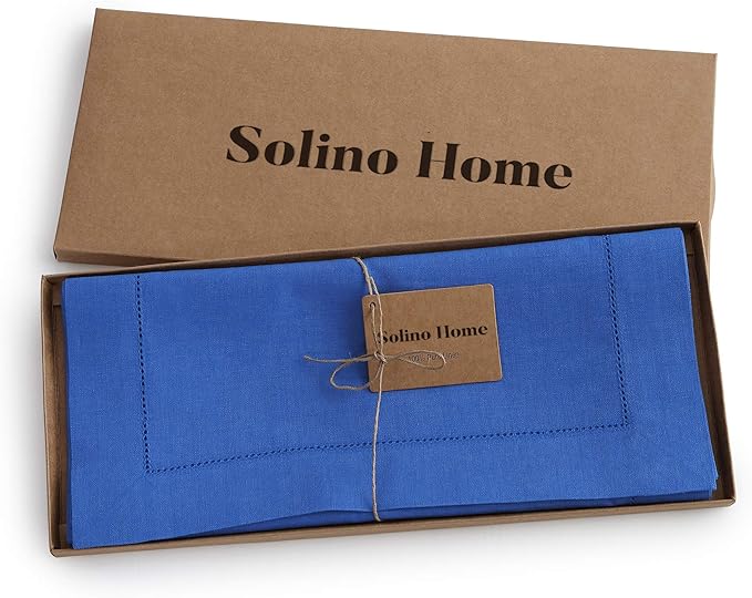 Solino Home Linen Royal Blue Table Runner 108 Inches Long - 100% Pure Linen 14 x 108 Inch Table Runner for Winter, Spring - Classic Hemstitch