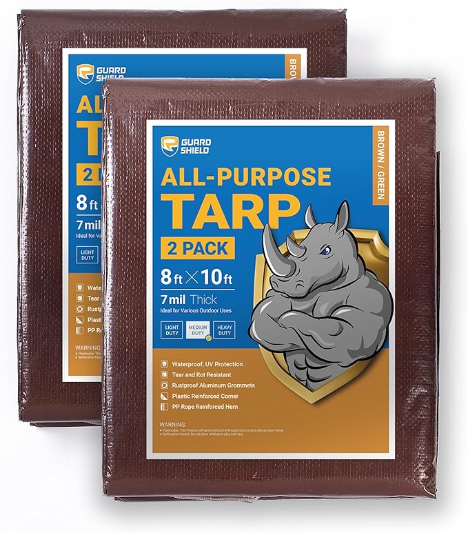 GUARD SHIELD Brown/Green Tarp 8x10 Feet Medium Duty Outdoor Waterproof Multi Purpose Poly Tarps Cover 7mil (2-Pack)