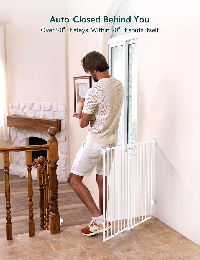 Babelio Baby Gate for Stairs, Kitchen & Doorways, No Bottom Bar| Easy Installation| One-Handed Operation| Auto-Close| Hardware Mount (Drill Needed) Safety Dog Gate (White - B17, 34" H, 29-49" W-Wide)
