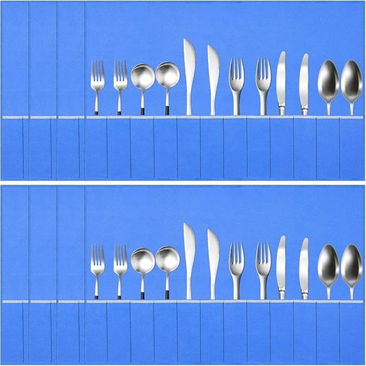 ikaufen 8Pcs Silver Storage Bags Anti Tarnish Flannel Silver Protector Bags Blue Holder for Silverware Flatware Storage Organizer Silver Storage Cloth with White Ribbon for Kitchen Utensils