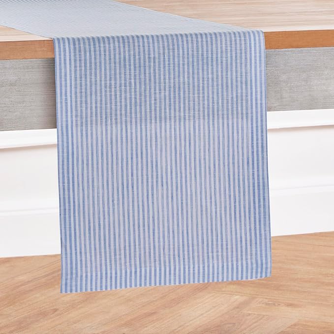 Solino Home Linen Striped Table Runner 144 Inches Long - Narrow Stripe 100% Pure Linen Cornflower Blue and White Dining Table Runner 14 x 144 Inch for Winter, Spring, Easter