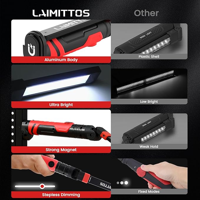 Rechargeable LED Work Light, Magnetic Flashlight Mechanic Light Tool for Men Him, Foldable Lamp with Hook for Car Repair Emergency BBQ Grill (2 Pack)