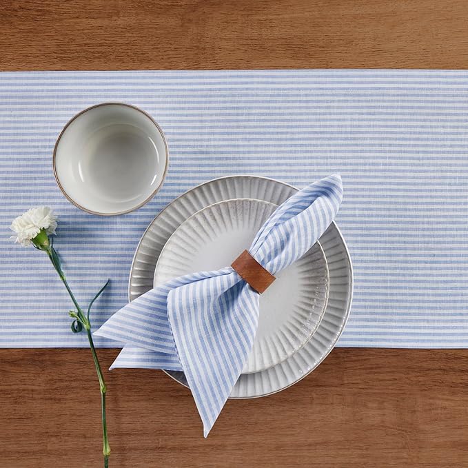 Solino Home Linen Table Runner 60 Inches - Narrow Stripe 100% Pure Linen Cornflower Blue and White Farmhouse Table Runner 14 x 60 Inch Ideal for Dresser and Coffee Tables - Winter, Spring, Easter
