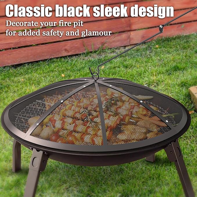 Fire Pit Spark Screen, 22Inch Fire Pit Lid Outdoor with Handle & Poker, Heavy-Duty Mesh Firepit Cove with 12 Reinforced Bars for Backyard/Beach/RV Camping