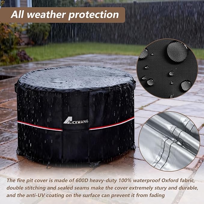 Fire Pit Cover Round 32 Inch Waterproof,Outdoor Heavy Duty Durable 600D Tear-Resistant Fire Pit Table Cover,Patio Round Firepit Cover 32" D x 16" H,Black