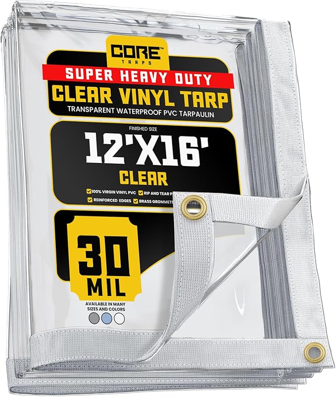 Core Tarps 30 Mil Extreme Heavy Duty Clear Tarp with Gromments - 12x16ft Super Clear Tarps Heavy Duty Waterproof Vinyl Tarpaulin, Transparent Tarp for Outdoor, Camping & Construction, Clear