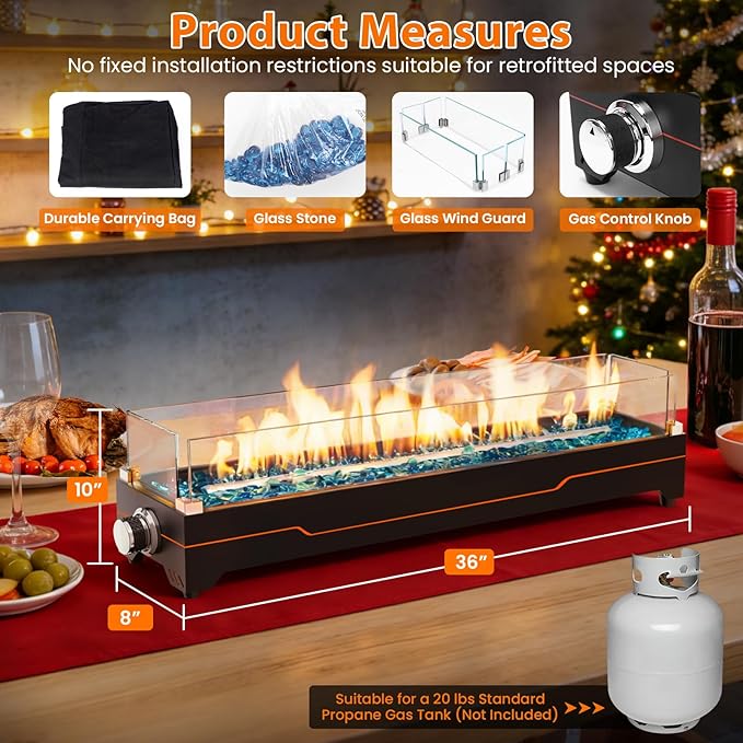 Tabletop Propane Fire Pit 36 Inch, 50000 BTU, Stainless Steel Outdoor Table Top Firepit with Cover and Wind Guards, Portable Tabletop Fire Pit for Patio and Camping