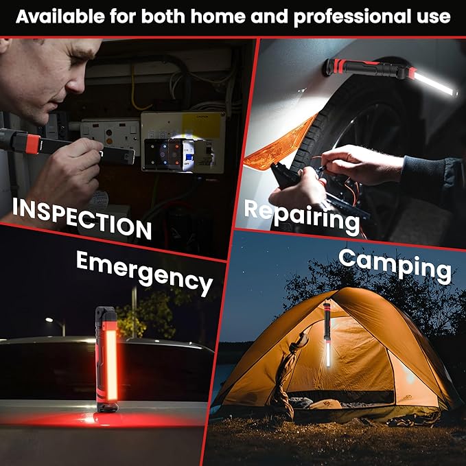 Rechargeable LED Work Light, Magnetic Flashlight Mechanic Light Tool for Men Him, Foldable Lamp with Hook for Car Repair Emergency BBQ Grill (2 Pack)