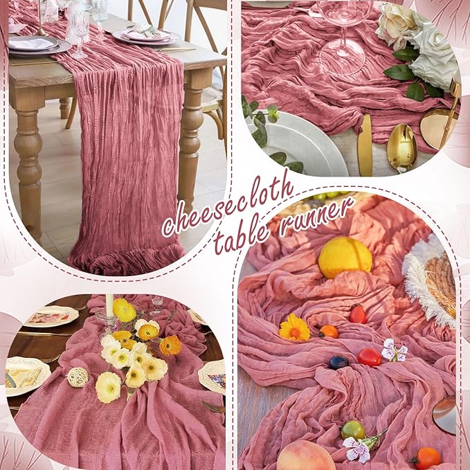 20 Packs Cheesecloth Table Runner 10FT Long Boho Gauze Fabric Table Runner Vintage Rustic Sheer Runners for Wedding Party Bridal Baby Shower Table Decorations (Dusty Rose )