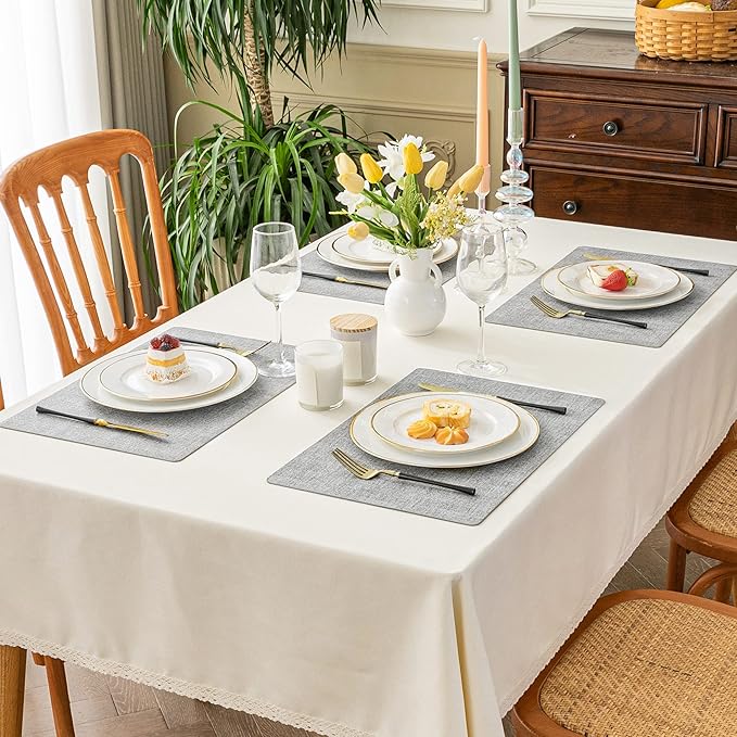 Romanstile Vinyl Placemats Set of 6-12 X 17 Inch - Heat Resistant Place Mats 100% Waterproof Oilproof Wipeable Reversible Faux Leather Table Mats for Kitchen, Dining, Party, Outdoor, Light Grey