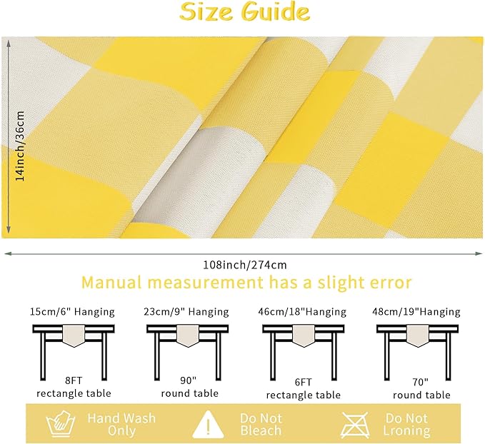 Fabric Checkered Table Runner 6 Pack Waterproof Gingham Table Runner 14W x 108L Buffalo Check Table Runners for Parties Kitchen Dining Wedding Banquet (Yellow and White)