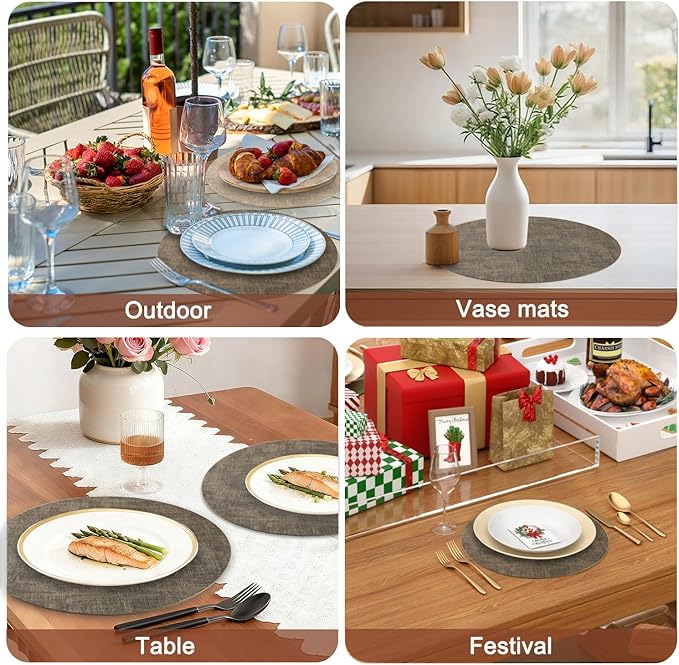 Round Faux Leather Placemats and Coasters, Set of 4, Reversible Heat Resistant Non-Slip Table Mats, Waterproof Wipeable Place Mats for Dining Table, Washable for Indoor & Outdoor (4, Dark Brown)