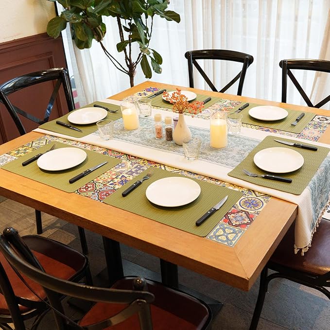 Faux Leather Placemats Set of 6 – 17x12 Inch Vinyl Table Mats, Heat Resistant, Non Slip, Wipeable & Washable, Easy to Clean Dining Table Decor for Kitchen & Dining Room（Olive Green）