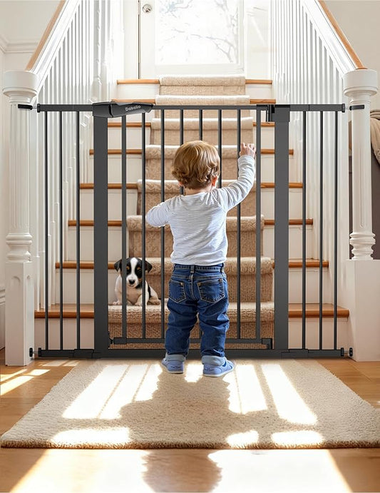 BABELIO 36" Tall Baby Gate, 29-48" Auto-Close & Pressure Mounted, Black Steel Dog Gate for Stairs & Doorways