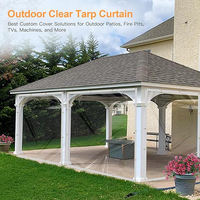 7 x 9FT Outdoor Clear Tarp Curtain Waterproof Wind-Proof 24 Mil Transparent Vinyl Tarp for Patio Pergola Garden Canopy Rainproof Anti-Tear PVC Thick Cover with Grommets