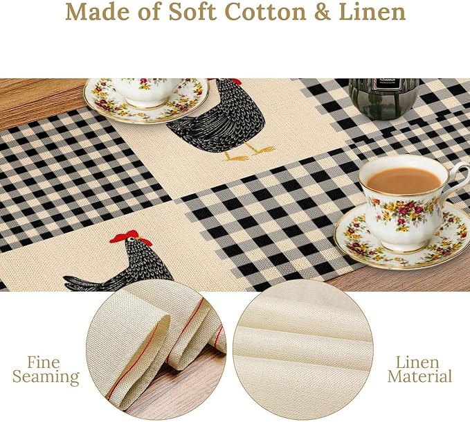 Farm Animal Table Runner, Chicken Hen Black White Buffalo Plaid Check Farmhouse Chick Table Runner for Home Kitchen Holiday Dining Party 13x90in