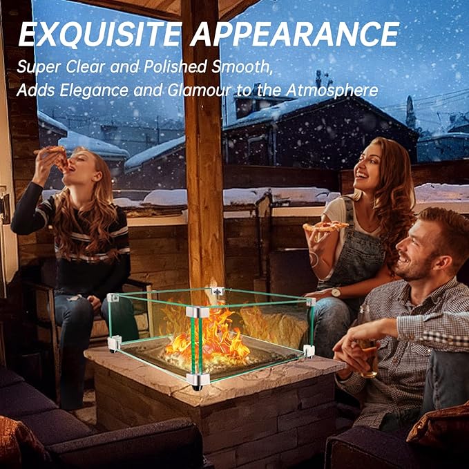 Fire Pit Wind Guard: 15" x 15" x 7" Square Glass Wind Guard for Outdoor Propane/Natural Gas Fire Pit Table, Clear Tempered Glass and Hard Aluminum Corner Brackets, Easy Assembly