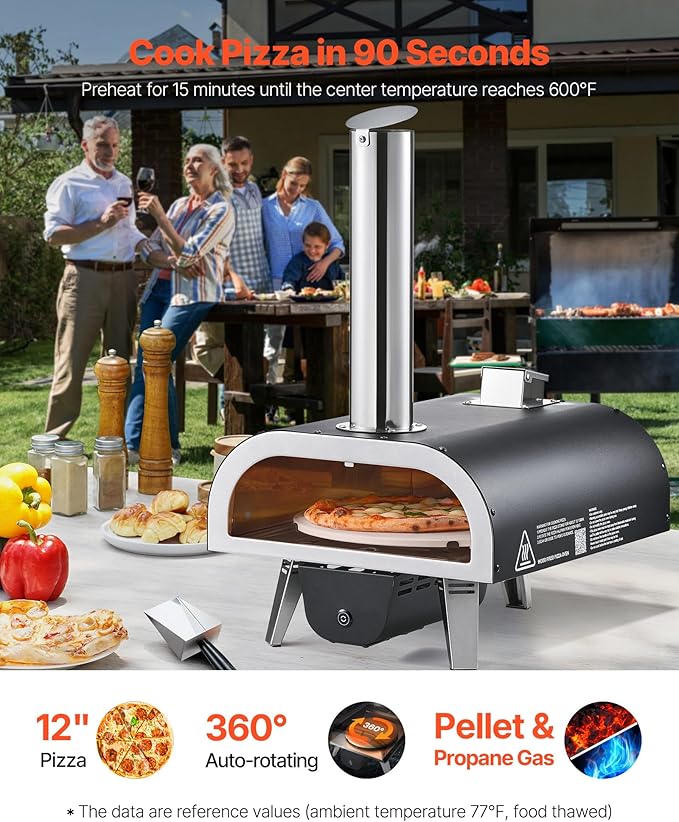 VEVOR Dual Fuel Outdoor Pizza Oven, 12" Auto-Rotating Propane & Wood Pellet Pizza Ovens, Multi-Fuel Pizza Maker with Electric Rotation System & Thermometer, for Outside Patio Camping & Backyard
