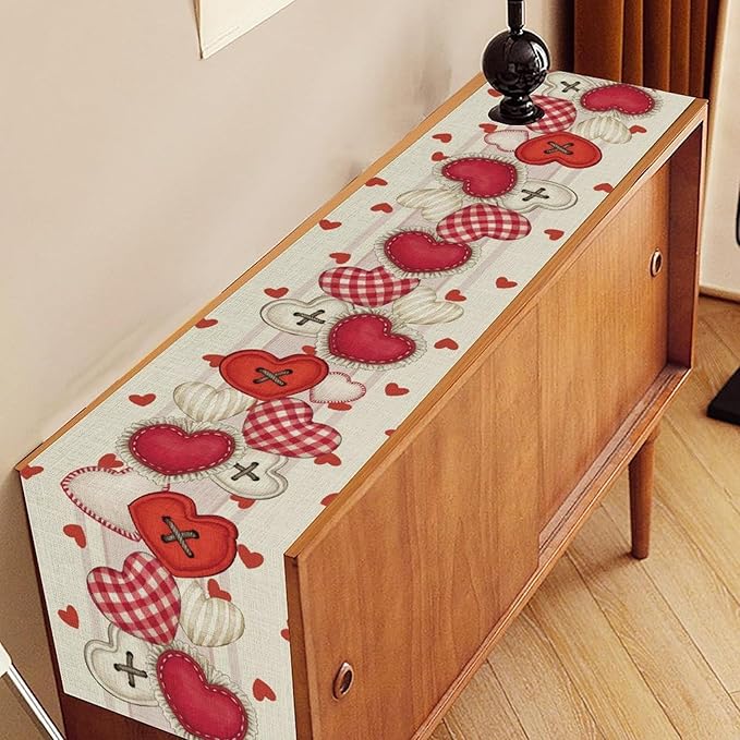 Valentines Day Table Runner,Rustic Red Heart Buttons Runner for Table Seasonal Romantic Decor for Indoor Outdoor Dining Table Decorations, 13"x90"