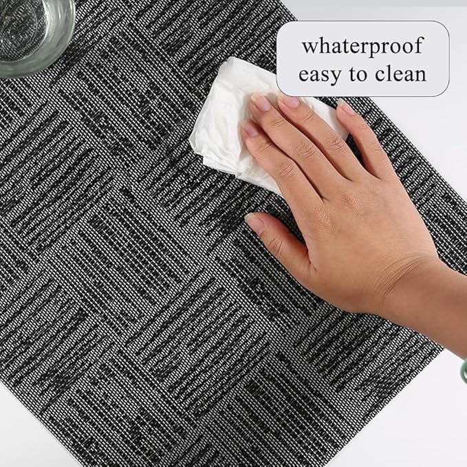 Placemats Set of 8, Plastic Vinyl 18" x 12" Place Mats for Dinner Table, No-Slip Wipeable Table Mats Daily Use Patio Kitchen Decoration (White Mix Black)