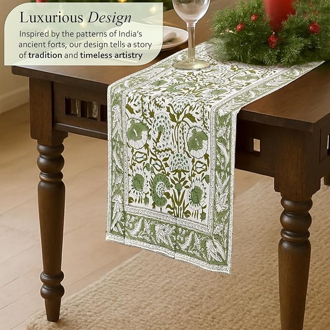 CPC Cotton Table Runner 16x72 Inch Block Printed Long Fall Table Runner for Dining Table, Card Table, Coffee Table, Wedding, Farmhouse & Outdoor Barbeque-Agate Green