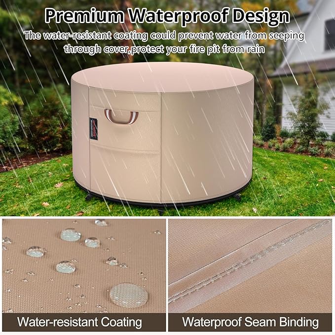 QH.HOME Fire Pit Cover Round-Fits Diameter 50" D X 24" H Heavy Duty 900D Strong Tear-Resistant and UV Resistant and Waterproof and Fading Resistant Polyester Firepit Covers Round for Outdoor Fire Pit