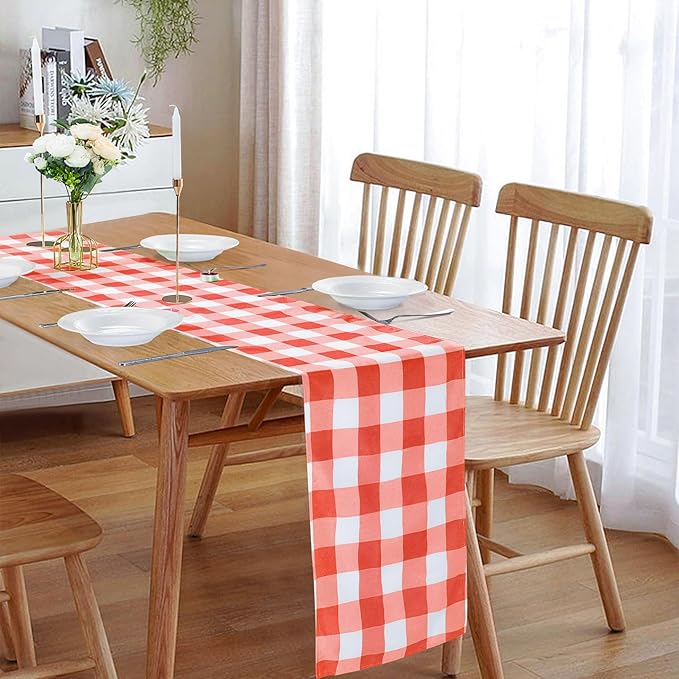 Fabric Checkered Table Runner 6 Pack Waterproof Gingham Table Runner 14W x 108L Buffalo Check Table Runners for Parties Kitchen Dining Wedding Banquet (Red and White)