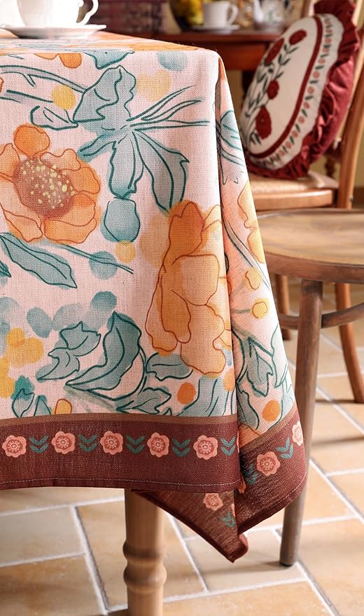 Vintage Linen Rectangle Tablecloth,Italian Orange Floral Pattern Soft and Wrinkle Resistan Table Cloth,Decor Table Cover for Kitchen,Dining,Thanksgiving,Christmas,55"*87"-Positano