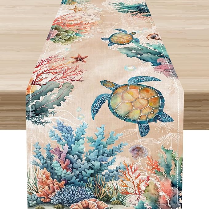 Retro Sea Turtle Table Runner, Nautical Starfish Underwater Coral Seashell Coastal Ocean Seasonal Coffee Table Center Decor for Home Kitchen Dining Patio Holiday Party Table Decorations 13"x72"