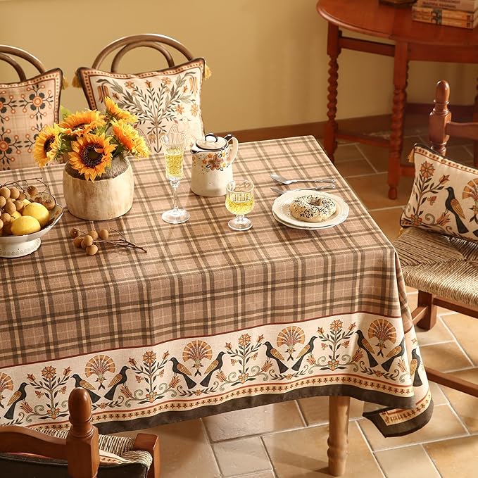 Vintage Brown Checkered Long Rectangle Tablecloth,Italian Floral Linen Wrinkle Resistant Table Cloth,Decor Table Cover for Kitchen,Dining,Thanksgiving,Christmas,63"*102"-Seville