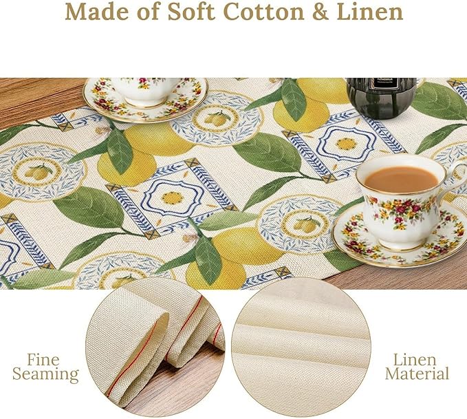 Tiles Lemon Table Runner, Watercolor Italian Tile Floral Plant Print Table Runner for Farmhouse Coffee Home Kitchen Dining Outdoor Party 13x120in